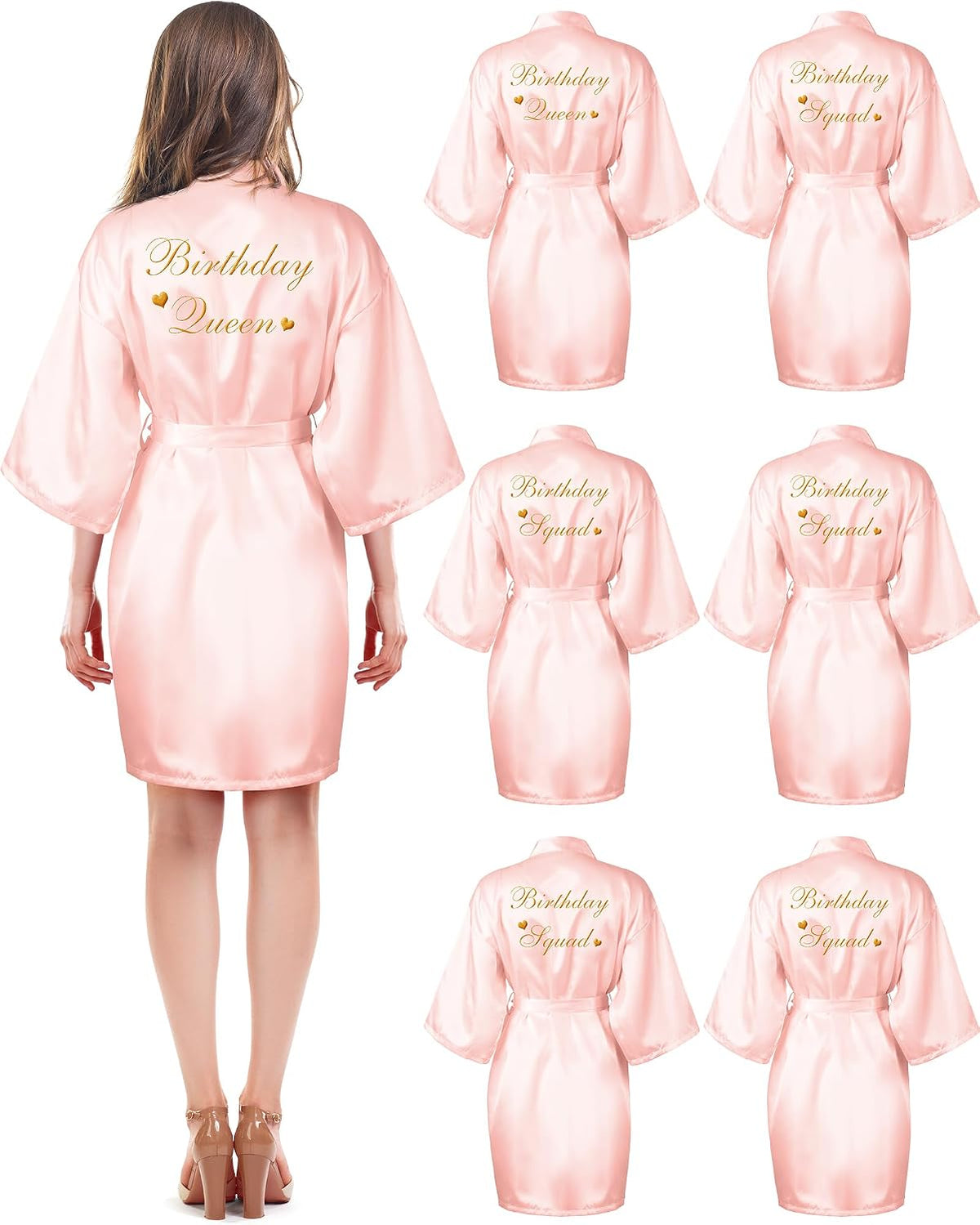 6 Pcs Women's Birthday Squad Robes Birthday Party Queen Spa Bathrobe Kimono Spa Robe Sleepover Party Robes Silky Gown
