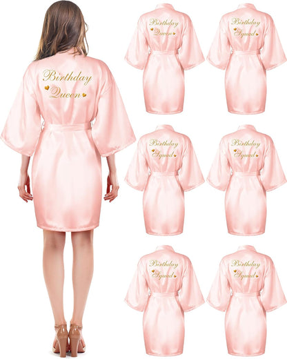 6 Pcs Women's Birthday Squad Robes Birthday Party Queen Spa Bathrobe Kimono Spa Robe Sleepover Party Robes Silky Gown