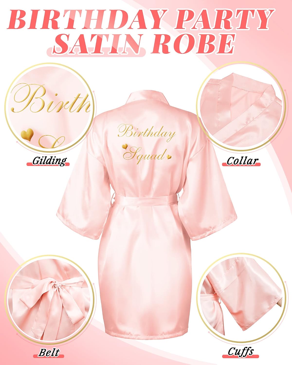 6 Pcs Women's Birthday Squad Robes Birthday Party Queen Spa Bathrobe Kimono Spa Robe Sleepover Party Robes Silky Gown