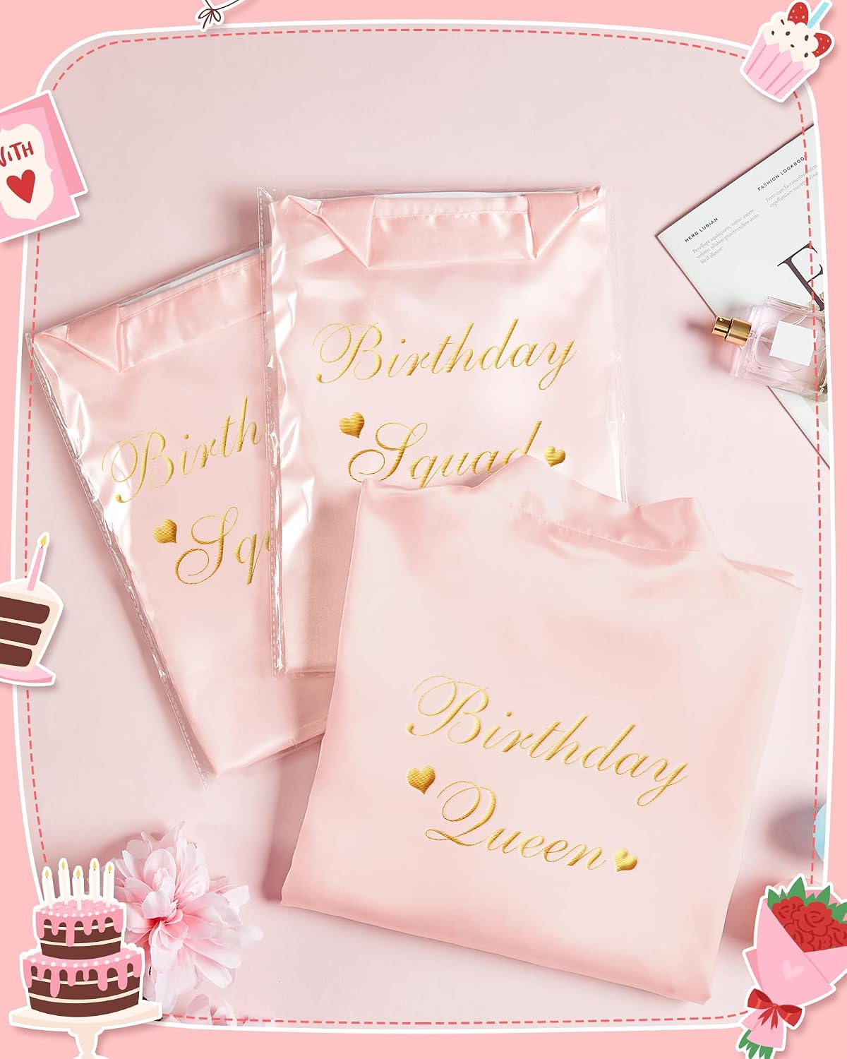 6 Pcs Women's Birthday Squad Robes Birthday Party Queen Spa Bathrobe Kimono Spa Robe Sleepover Party Robes Silky Gown