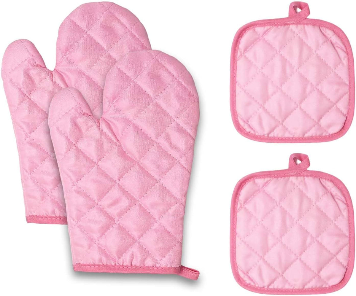 Pink Oven Mitts and Potholders, Quilted Kitchen Baking BBQ Set