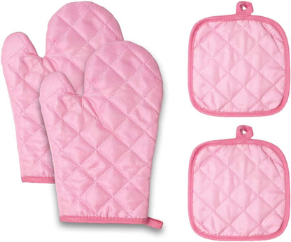 Pink Oven Mitts and Potholders, Quilted Kitchen Baking BBQ Set