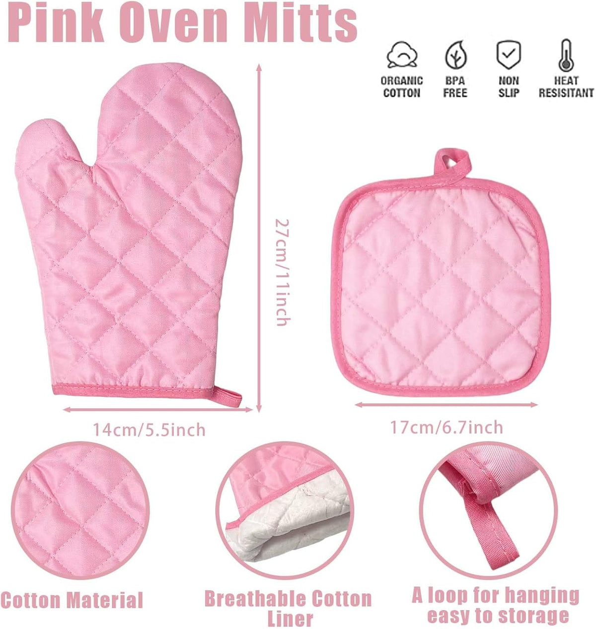 Pink Oven Mitts and Potholders, Quilted Kitchen Baking BBQ Set