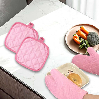 Pink Oven Mitts and Potholders, Quilted Kitchen Baking BBQ Set
