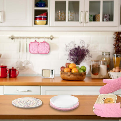 Pink Oven Mitts and Potholders, Quilted Kitchen Baking BBQ Set