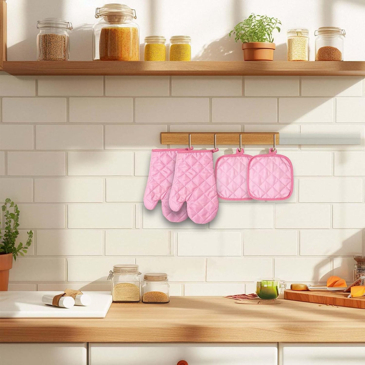 Pink Oven Mitts and Potholders, Quilted Kitchen Baking BBQ Set