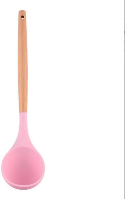 Silicone Soup Ladle - with Wooden Handle, Non-Stick Cookware Heat Resistant Kitchen Utensil (Pink)