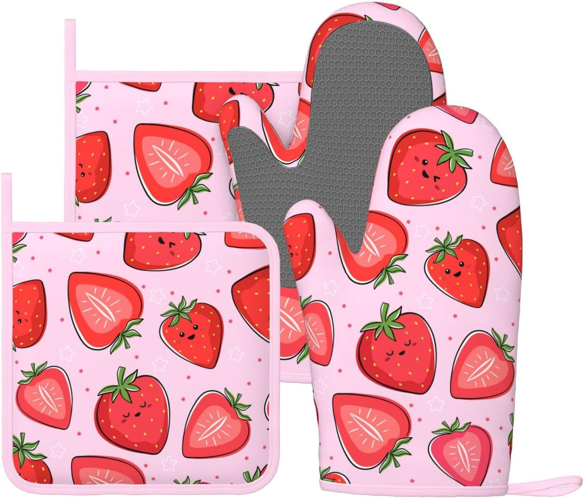 Pink Cute Strawberry Oven Mitts and Pot Holders Sets of 4, Heat Resistant Silicone Oven Mittens and Potholders Gloves Hot Pads for Kitchen Cooking Baking Grilling BBQ Chef