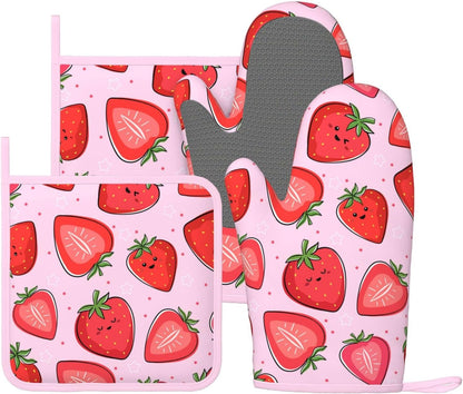 Pink Cute Strawberry Oven Mitts and Pot Holders Sets of 4, Heat Resistant Silicone Oven Mittens and Potholders Gloves Hot Pads for Kitchen Cooking Baking Grilling BBQ Chef
