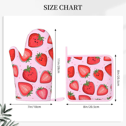 Pink Cute Strawberry Oven Mitts and Pot Holders Sets of 4, Heat Resistant Silicone Oven Mittens and Potholders Gloves Hot Pads for Kitchen Cooking Baking Grilling BBQ Chef