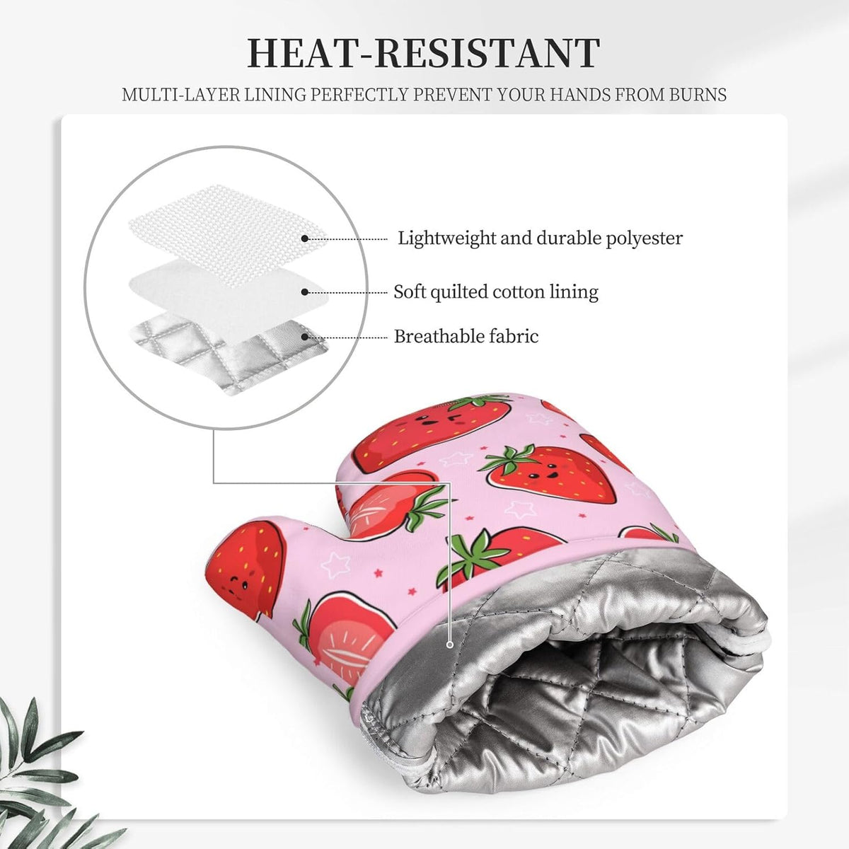 Pink Cute Strawberry Oven Mitts and Pot Holders Sets of 4, Heat Resistant Silicone Oven Mittens and Potholders Gloves Hot Pads for Kitchen Cooking Baking Grilling BBQ Chef