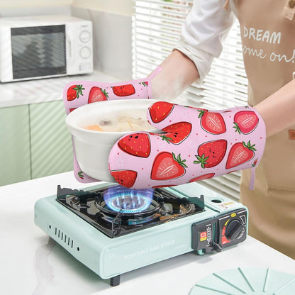 Pink Cute Strawberry Oven Mitts and Pot Holders Sets of 4, Heat Resistant Silicone Oven Mittens and Potholders Gloves Hot Pads for Kitchen Cooking Baking Grilling BBQ Chef