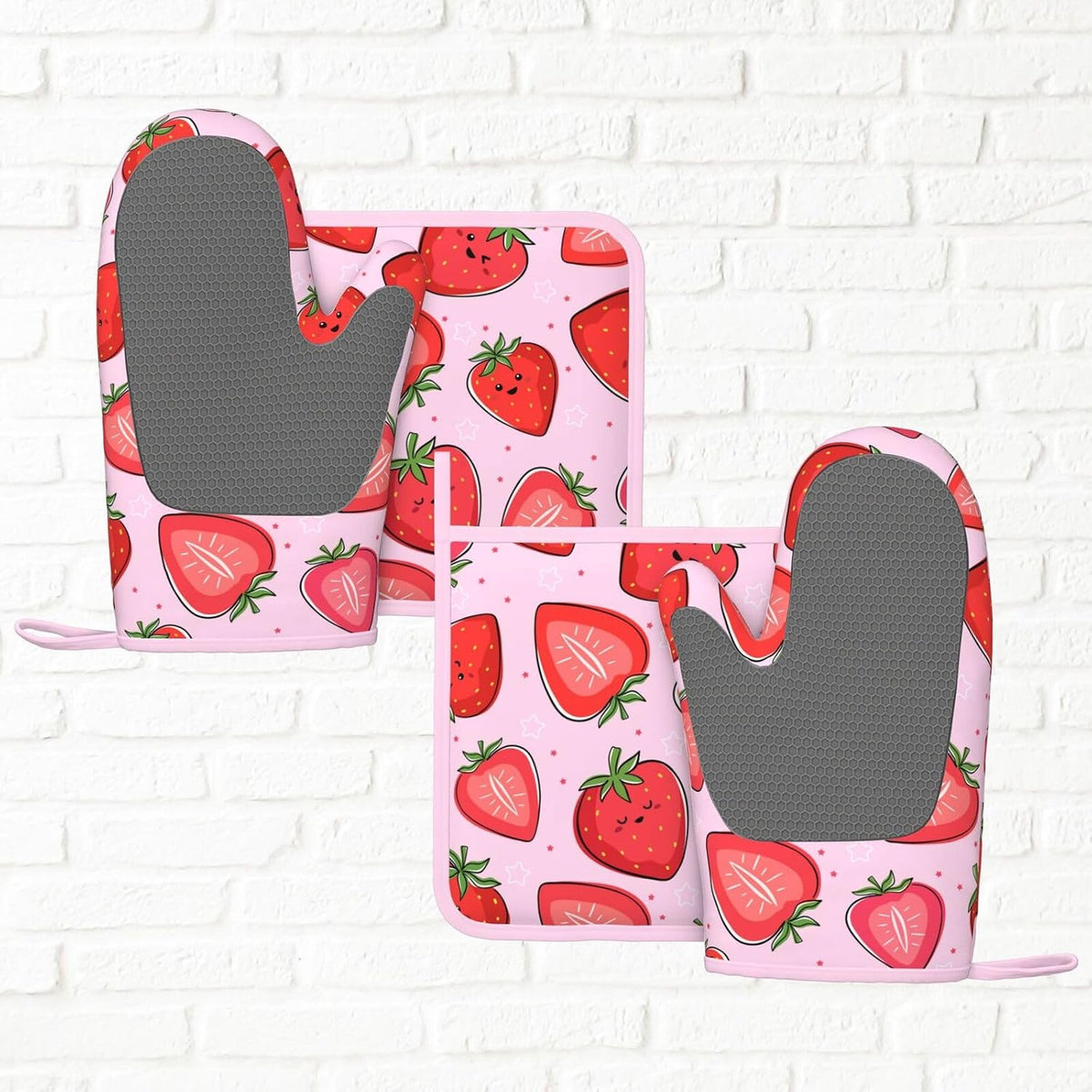 Pink Cute Strawberry Oven Mitts and Pot Holders Sets of 4, Heat Resistant Silicone Oven Mittens and Potholders Gloves Hot Pads for Kitchen Cooking Baking Grilling BBQ Chef