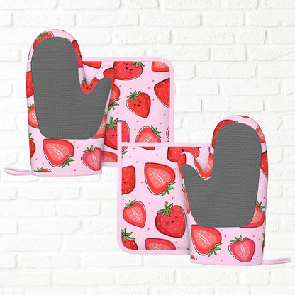 Pink Cute Strawberry Oven Mitts and Pot Holders Sets of 4, Heat Resistant Silicone Oven Mittens and Potholders Gloves Hot Pads for Kitchen Cooking Baking Grilling BBQ Chef