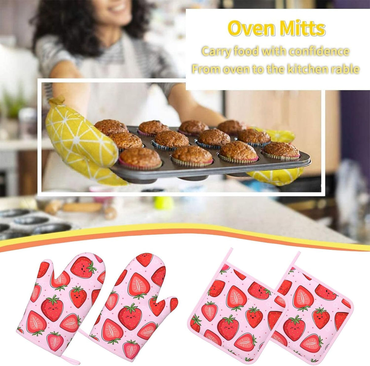 Pink Cute Strawberry Oven Mitts and Pot Holders Sets of 4, Heat Resistant Silicone Oven Mittens and Potholders Gloves Hot Pads for Kitchen Cooking Baking Grilling BBQ Chef