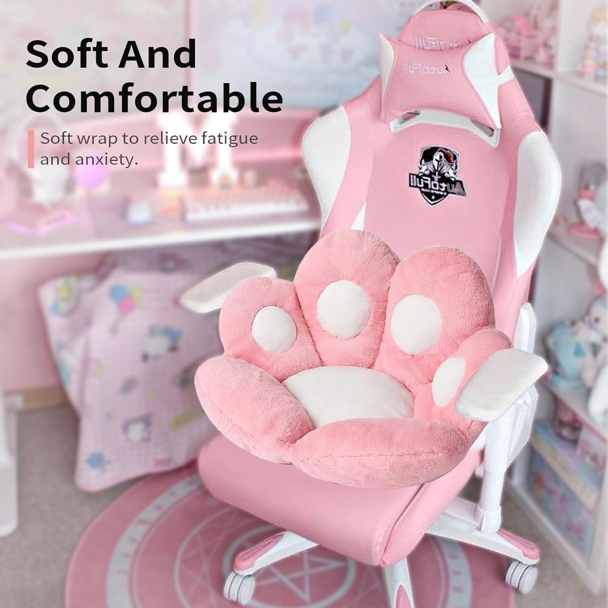 Cat Paw Cushion Kawaii Chair Cushions 27.5 x 23.6 inch Cute Stuff Seat Pad Comfy Lazy Sofa Office Floor Pillow for Gaming Chairs Room Decor Pink