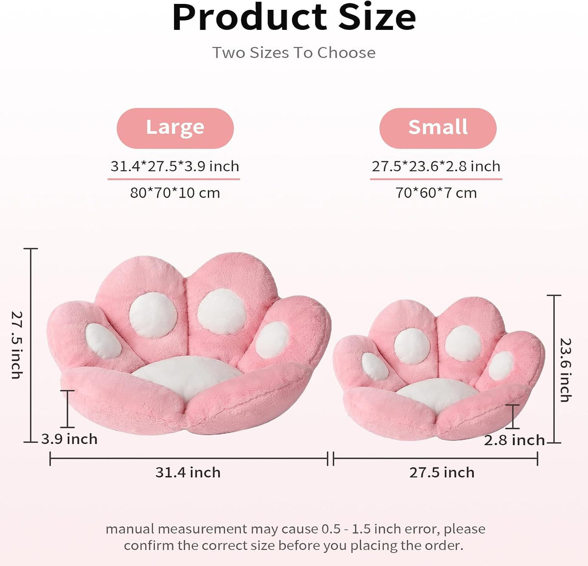 Cat Paw Cushion Kawaii Chair Cushions 27.5 x 23.6 inch Cute Stuff Seat Pad Comfy Lazy Sofa Office Floor Pillow for Gaming Chairs Room Decor Pink