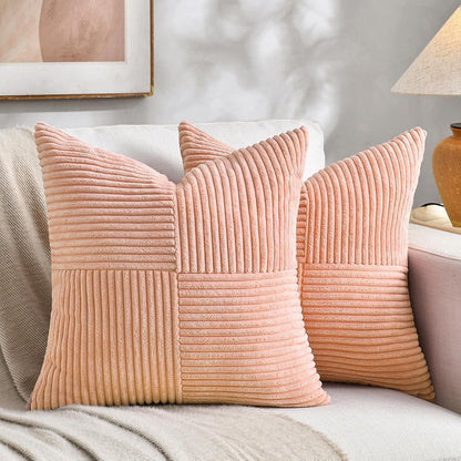 2 Packs Peach Decorative Throw Pillow Covers 16x16 Inch for Living Room Couch Bed Sofa, Rustic Farmhouse Boho Home Decor, Soft Corss Patchwork Corduroy Textured Square Cushion Case 40x40 cm