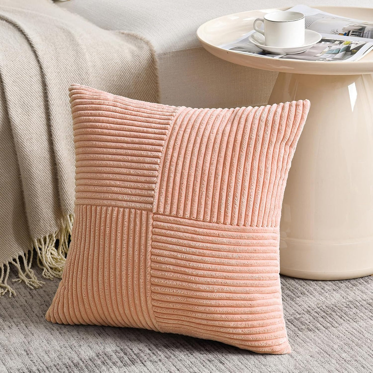 2 Packs Peach Decorative Throw Pillow Covers 16x16 Inch for Living Room Couch Bed Sofa, Rustic Farmhouse Boho Home Decor, Soft Corss Patchwork Corduroy Textured Square Cushion Case 40x40 cm