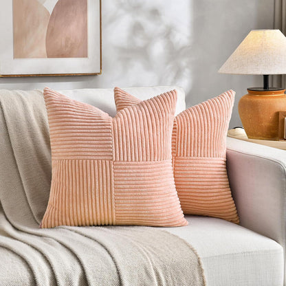 2 Packs Peach Decorative Throw Pillow Covers 16x16 Inch for Living Room Couch Bed Sofa, Rustic Farmhouse Boho Home Decor, Soft Corss Patchwork Corduroy Textured Square Cushion Case 40x40 cm
