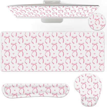 4 Pcs Pink Bow Mouse Pad Set Coquette Cute Desk Pad + Mouse Pad with Wrist Rest + Keyboard Wrist Rest + Coaster Ergonomic Design for Office Table Computer(Classic Style)