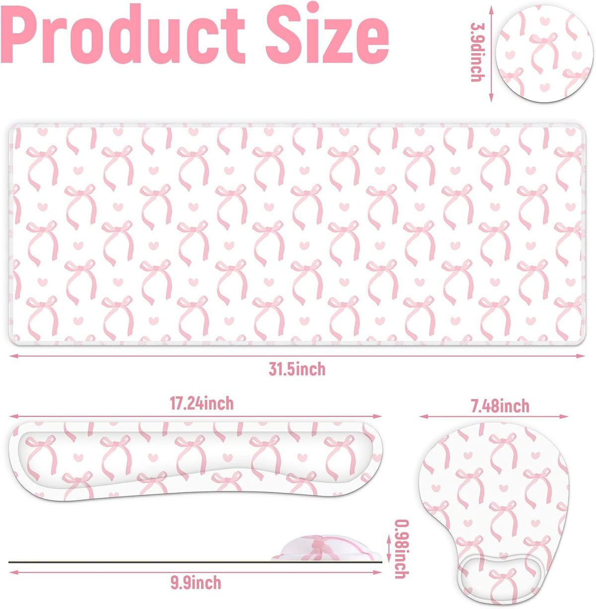 4 Pcs Pink Bow Mouse Pad Set Coquette Cute Desk Pad + Mouse Pad with Wrist Rest + Keyboard Wrist Rest + Coaster Ergonomic Design for Office Table Computer(Classic Style)