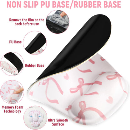 4 Pcs Pink Bow Mouse Pad Set Coquette Cute Desk Pad + Mouse Pad with Wrist Rest + Keyboard Wrist Rest + Coaster Ergonomic Design for Office Table Computer(Classic Style)
