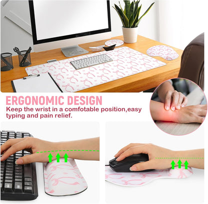 4 Pcs Pink Bow Mouse Pad Set Coquette Cute Desk Pad + Mouse Pad with Wrist Rest + Keyboard Wrist Rest + Coaster Ergonomic Design for Office Table Computer(Classic Style)