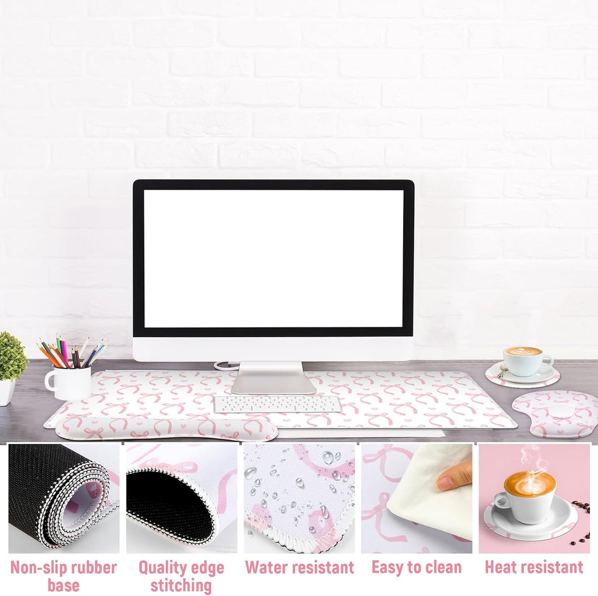 4 Pcs Pink Bow Mouse Pad Set Coquette Cute Desk Pad + Mouse Pad with Wrist Rest + Keyboard Wrist Rest + Coaster Ergonomic Design for Office Table Computer(Classic Style)