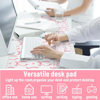 4 Pcs Pink Bow Mouse Pad Set Coquette Cute Desk Pad + Mouse Pad with Wrist Rest + Keyboard Wrist Rest + Coaster Ergonomic Design for Office Table Computer(Classic Style)