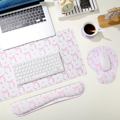 4 Pcs Pink Bow Mouse Pad Set Coquette Cute Desk Pad + Mouse Pad with Wrist Rest + Keyboard Wrist Rest + Coaster Ergonomic Design for Office Table Computer(Classic Style)