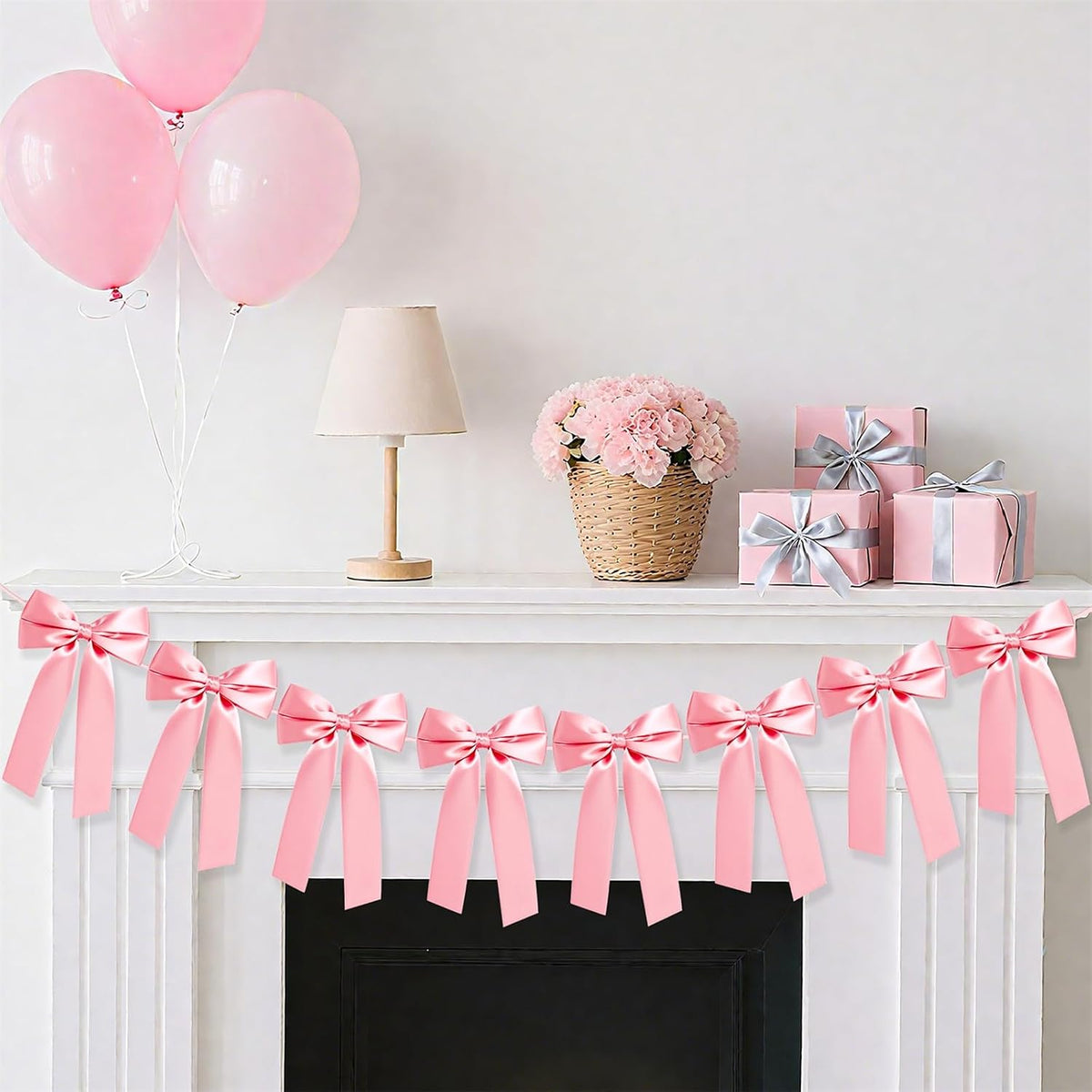 Pink Bow Garland Banner, Pre-Strung Bow Party Decorations for Bow Themed Coquette Birthday, Bachelorette Party, Bridal Shower, Baby Shower Decor (Pink)