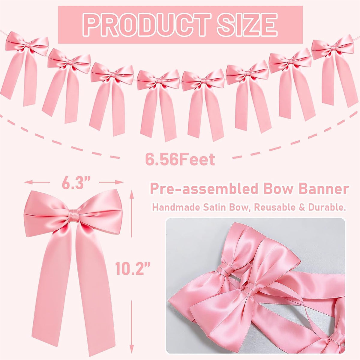 Pink Bow Garland Banner, Pre-Strung Bow Party Decorations for Bow Themed Coquette Birthday, Bachelorette Party, Bridal Shower, Baby Shower Decor (Pink)