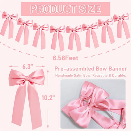 Pink Bow Garland Banner, Pre-Strung Bow Party Decorations for Bow Themed Coquette Birthday, Bachelorette Party, Bridal Shower, Baby Shower Decor (Pink)