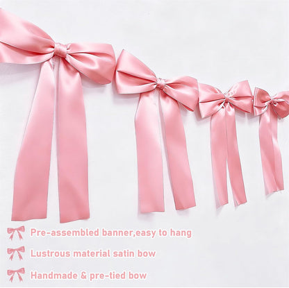 Pink Bow Garland Banner, Pre-Strung Bow Party Decorations for Bow Themed Coquette Birthday, Bachelorette Party, Bridal Shower, Baby Shower Decor (Pink)