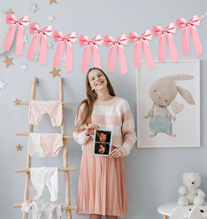 Pink Bow Garland Banner, Pre-Strung Bow Party Decorations for Bow Themed Coquette Birthday, Bachelorette Party, Bridal Shower, Baby Shower Decor (Pink)