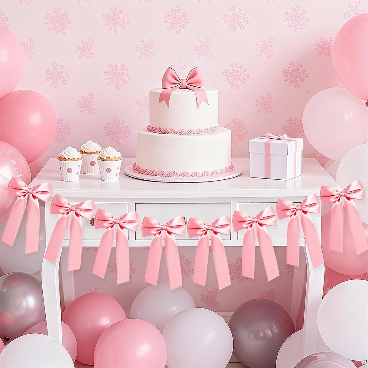Pink Bow Garland Banner, Pre-Strung Bow Party Decorations for Bow Themed Coquette Birthday, Bachelorette Party, Bridal Shower, Baby Shower Decor (Pink)