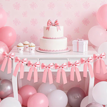 Pink Bow Garland Banner, Pre-Strung Bow Party Decorations for Bow Themed Coquette Birthday, Bachelorette Party, Bridal Shower, Baby Shower Decor (Pink)