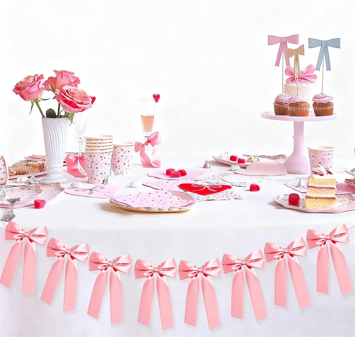 Pink Bow Garland Banner, Pre-Strung Bow Party Decorations for Bow Themed Coquette Birthday, Bachelorette Party, Bridal Shower, Baby Shower Decor (Pink)