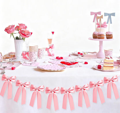Pink Bow Garland Banner, Pre-Strung Bow Party Decorations for Bow Themed Coquette Birthday, Bachelorette Party, Bridal Shower, Baby Shower Decor (Pink)