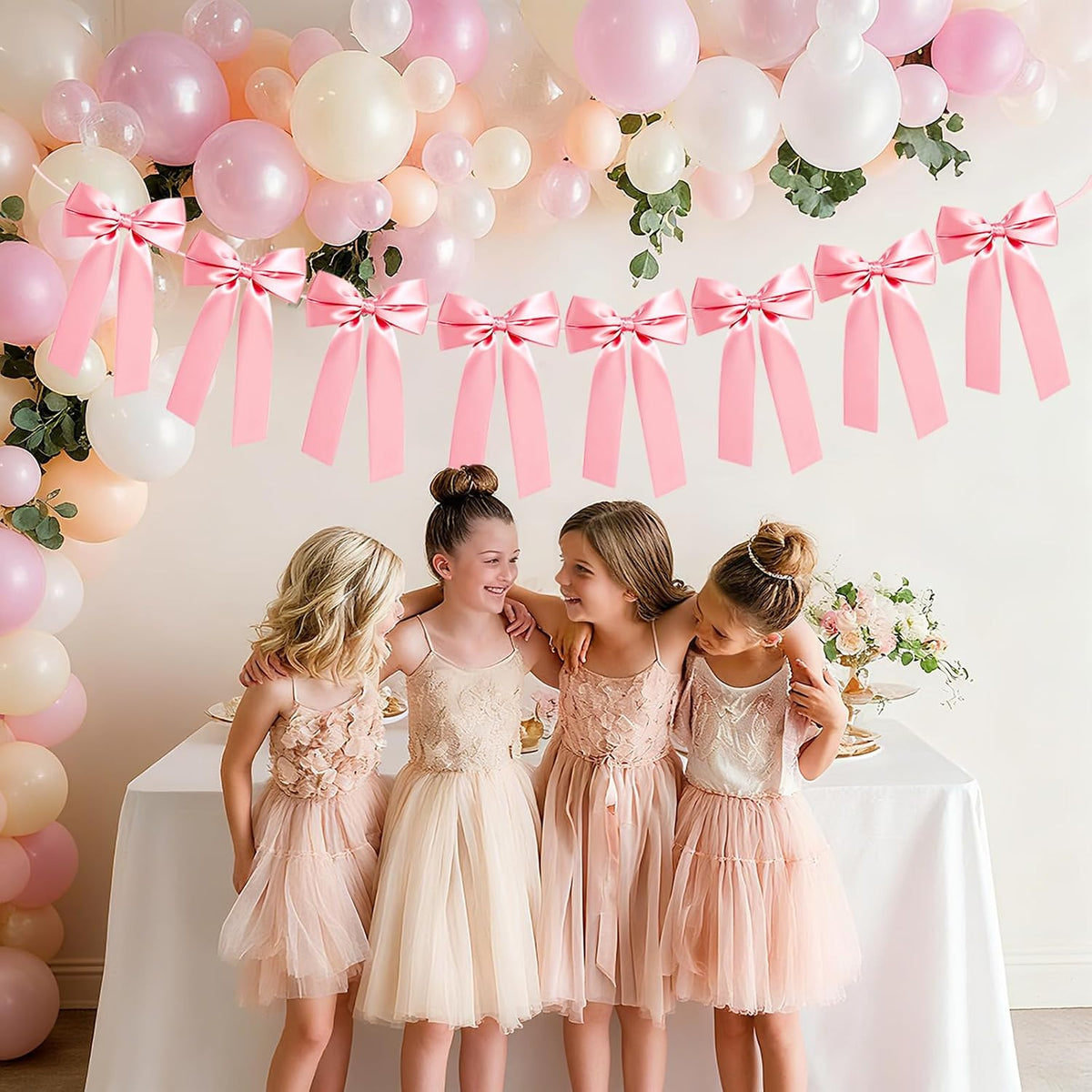 Pink Bow Garland Banner, Pre-Strung Bow Party Decorations for Bow Themed Coquette Birthday, Bachelorette Party, Bridal Shower, Baby Shower Decor (Pink)