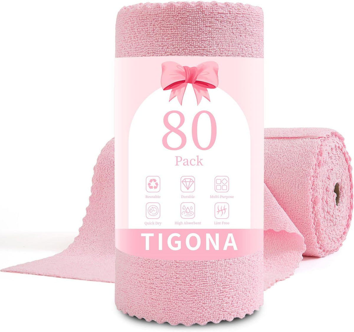 80 Pack Microfiber Cleaning Cloth Roll,Lint Free Rags & Tear Away Reusable Towels Washable Scratch,Ultra Absorbent Dish Rags(12" x 12") for Car Kitchen Home Garage-Pink