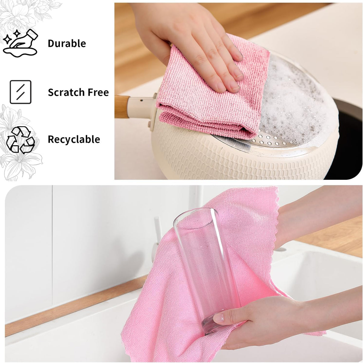 80 Pack Microfiber Cleaning Cloth Roll,Lint Free Rags & Tear Away Reusable Towels Washable Scratch,Ultra Absorbent Dish Rags(12" x 12") for Car Kitchen Home Garage-Pink