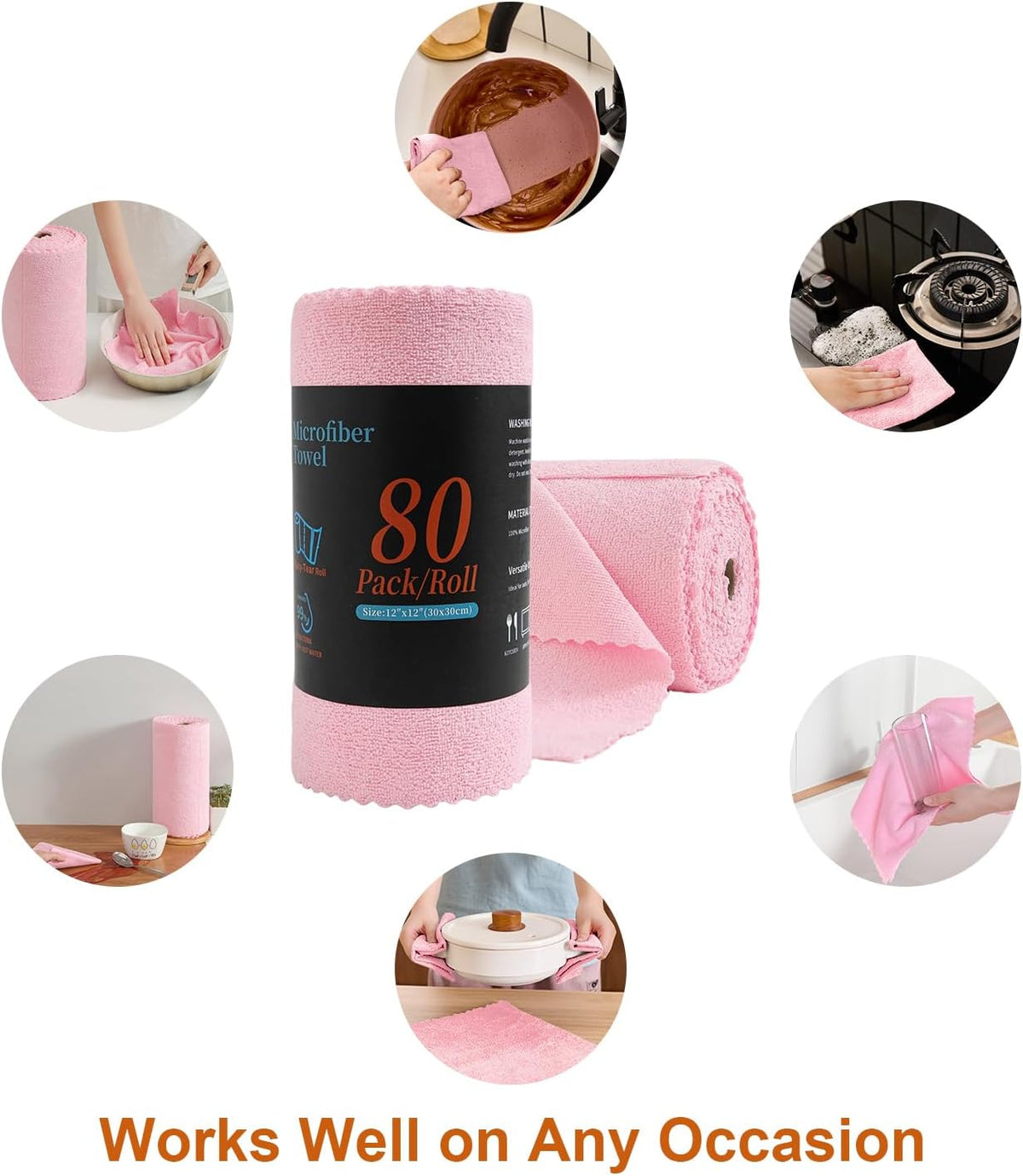 80 Pack Microfiber Cleaning Cloth Roll,Lint Free Rags & Tear Away Reusable Towels Washable Scratch,Ultra Absorbent Dish Rags(12" x 12") for Car Kitchen Home Garage-Pink