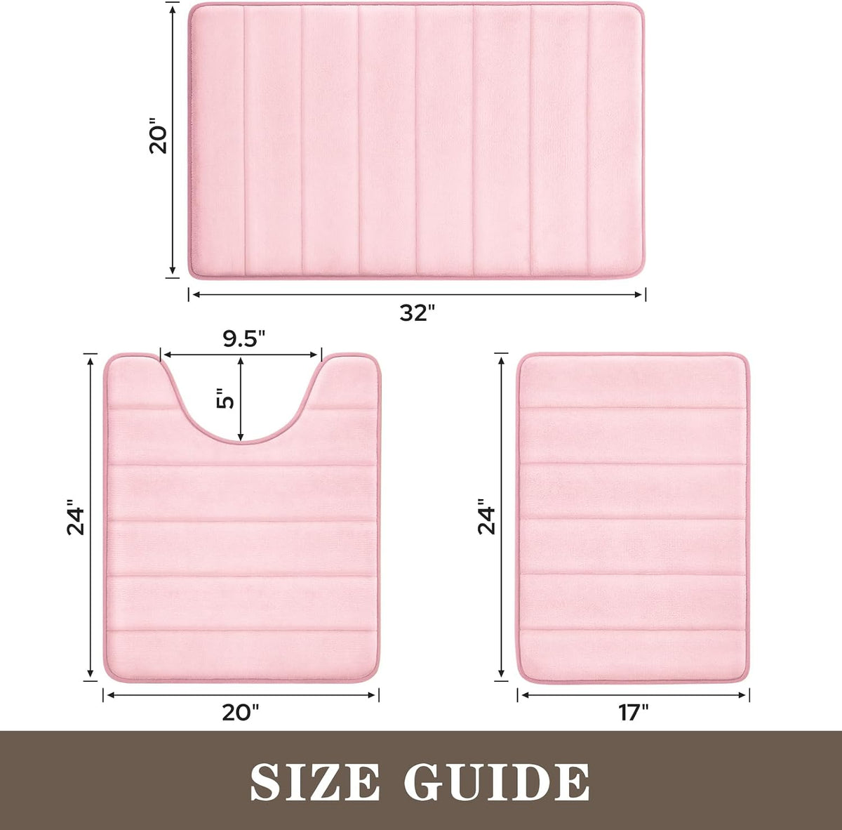 Pink Memory Foam Bathroom Rug Set 17"x24"+20"x32"+U20 x24