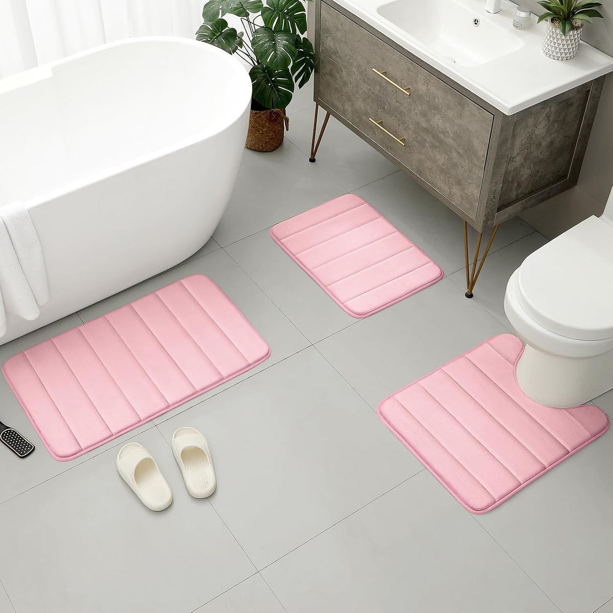 Pink Memory Foam Bathroom Rug Set 17"x24"+20"x32"+U20 x24