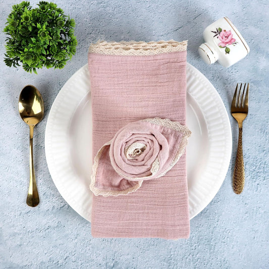 Table Napkins Set of 8 – 100% Cotton Fabric 20x20 Inches with Mitered Corners and Stylish Lace – Pre-Shrunk Highly Absorbent Reusable Cloth Napkins for Daily Use (Peach Wipe)
