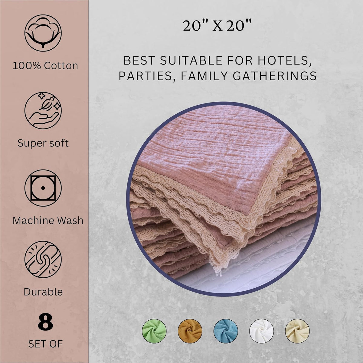 Table Napkins Set of 8 – 100% Cotton Fabric 20x20 Inches with Mitered Corners and Stylish Lace – Pre-Shrunk Highly Absorbent Reusable Cloth Napkins for Daily Use (Peach Wipe)