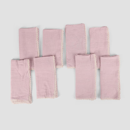 Table Napkins Set of 8 – 100% Cotton Fabric 20x20 Inches with Mitered Corners and Stylish Lace – Pre-Shrunk Highly Absorbent Reusable Cloth Napkins for Daily Use (Peach Wipe)