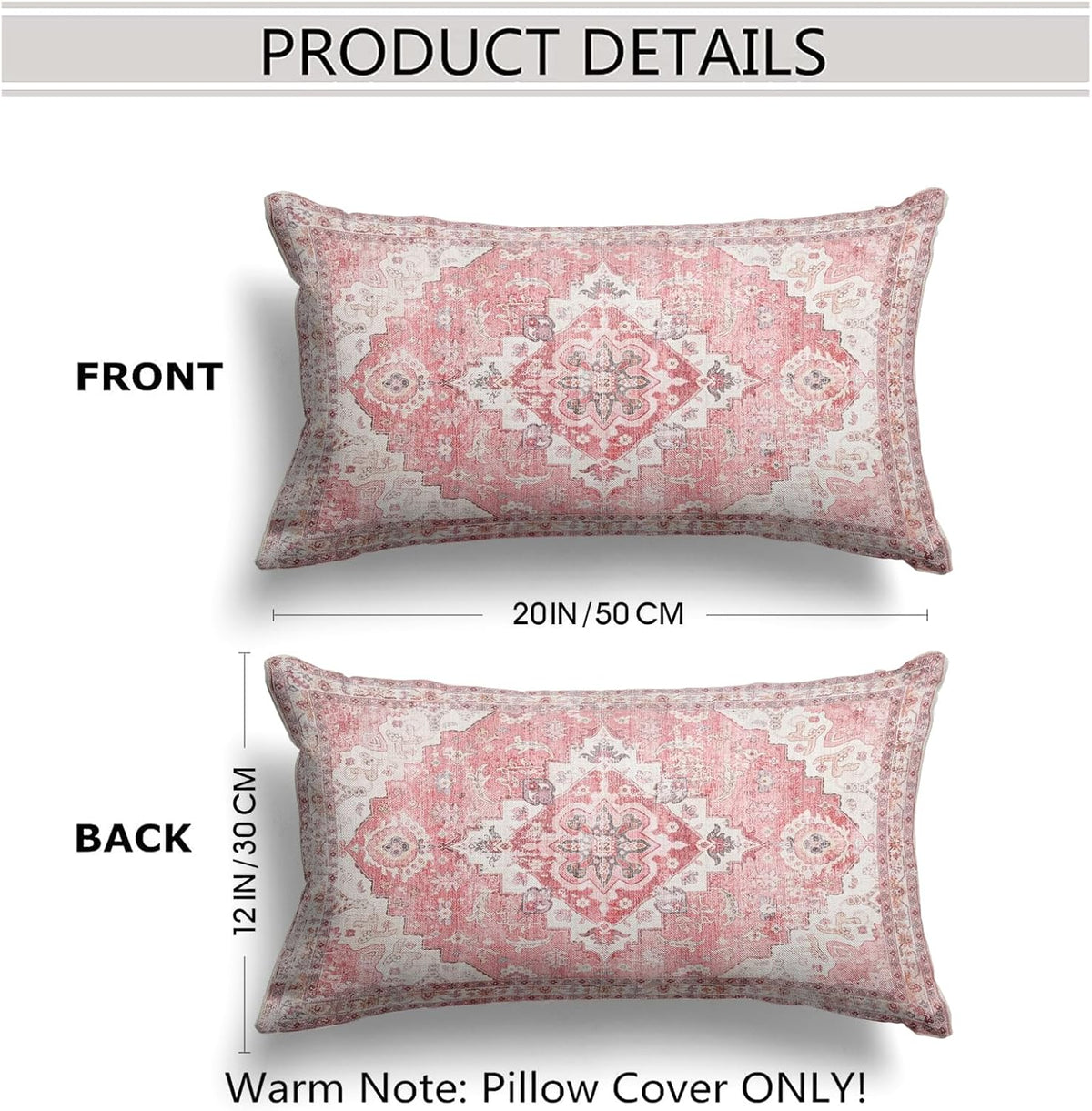 Pink Boho Throw Pillow Covers Set of 2 Monaco Rug Carpet Double Sided Pattern Cotton Soft Pillow Case Cushion Cover Pillowcase for Garden Couch Sofa Bed Decorative 12x20 inch